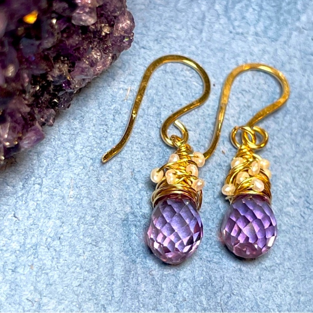 Alexandrite Crystals And Pearls Artisan Earrings 14K Gold Filled - Picture 4 of 16